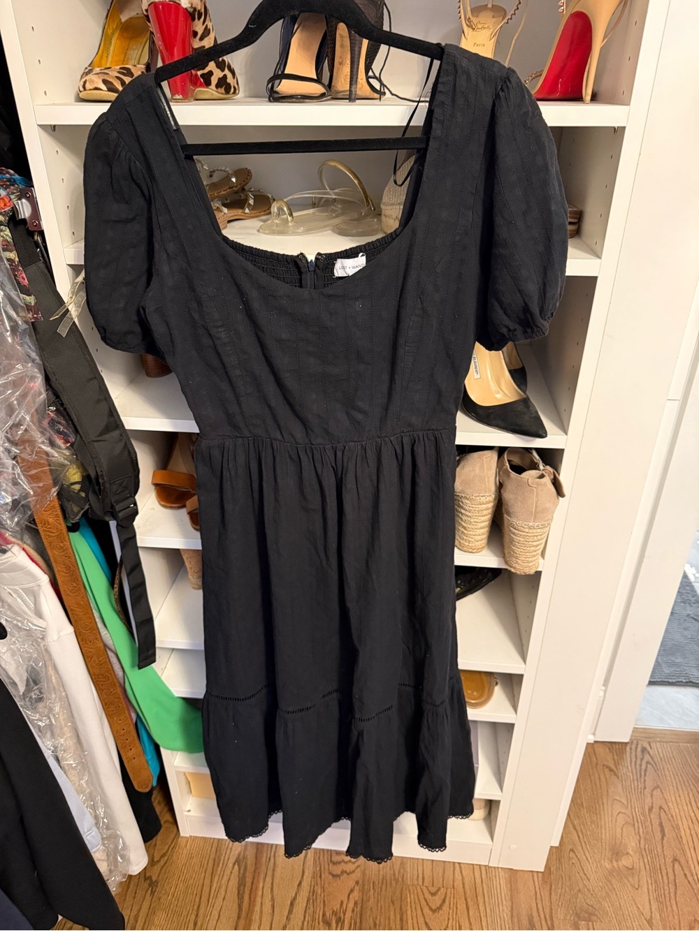 Lost + Wander Black Puff-Sleeve Midi Dress